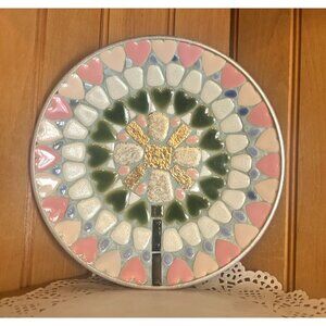 Vintage MCM Mosaic Plate Pink White Green Heart Tile Design Metallic Accents 8"